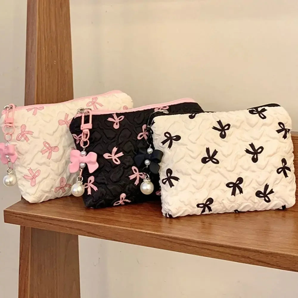 Trousse Cosmétique Nœud Plissé Coton Matelassé – Pochette Maquillage Voyage Filles | Organisateur Portable