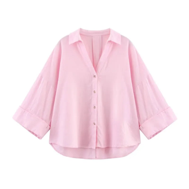 Chemise Femme Manches Larges Col Johnny – Ourlet Asymétrique & Boutons | Style Casual Chic Printemps