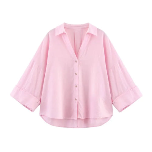 Chemise Femme Manches Larges Col Johnny – Ourlet Asymétrique & Boutons | Style Casual Chic Printemps
