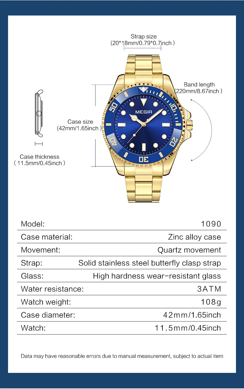 Montre Homme Luxe MEGIR Quartz Acier Calendrier – Classique Étanche Fashion