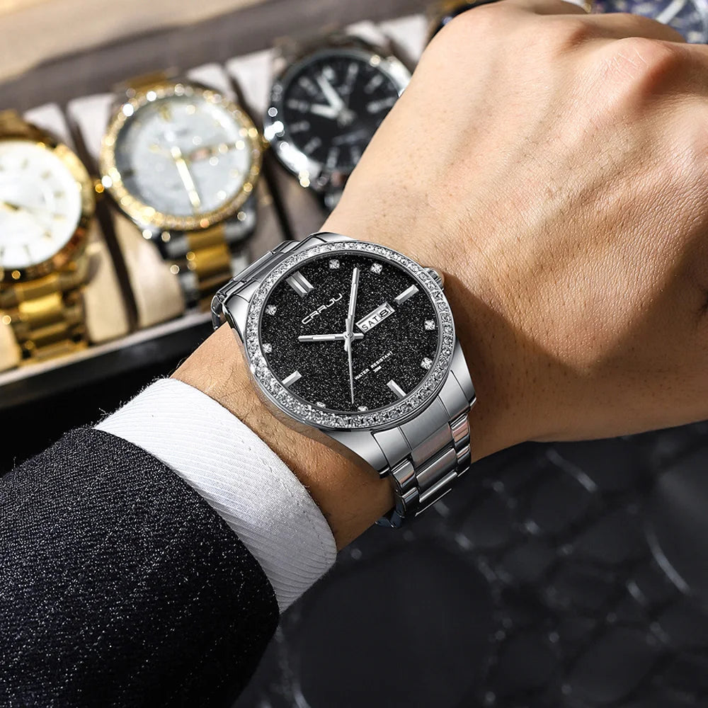 Montre Homme CRRJU Moissanite Diamant Luxe Cadran Doré Acier Inoxydable Lumineux Élégante Premium | Montre CRRJU Moissanite Diamant Luxe Premium