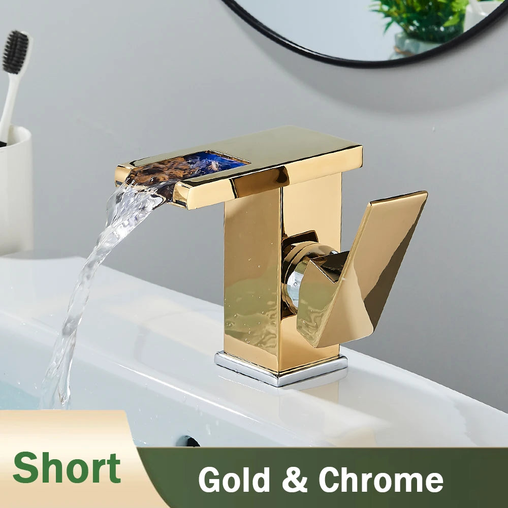 Rozin Robinet Lavabo Noir LED Cascade Hydroélectrique – Mitigeur Eau Chaude & Froide, Lumière LED Automatique | Vasque Design