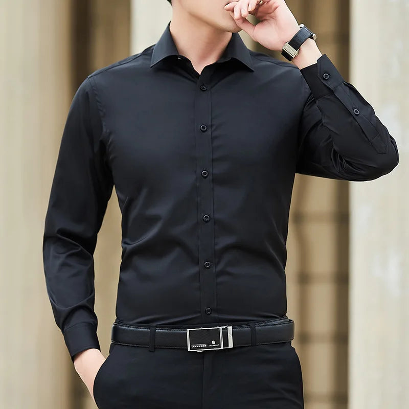 Chemise Homme Grande Taille Couleur Unie Business Slim Fit Manches Longues – Classique Casual Élégant Blanc | Mode Homme