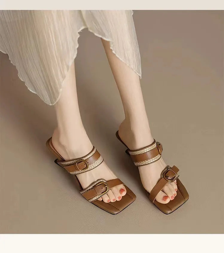 Wedges Vintage Tressé Bout Carré Femme – Boucle Ceinture Bout Ouvert Talon Haut Été