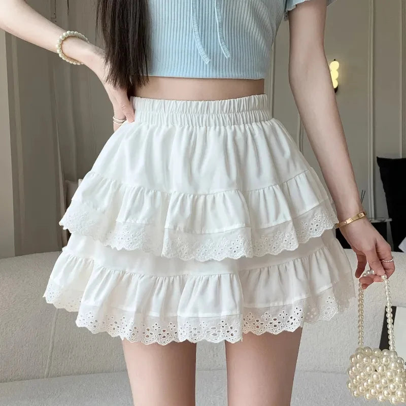 Mini Jupe Femme Balletcore Taille Haute Élastique Volantée Patchwork Lolita Style Coréen Kawaii Y2K – Jupe Courte Douce Sexy | Mode