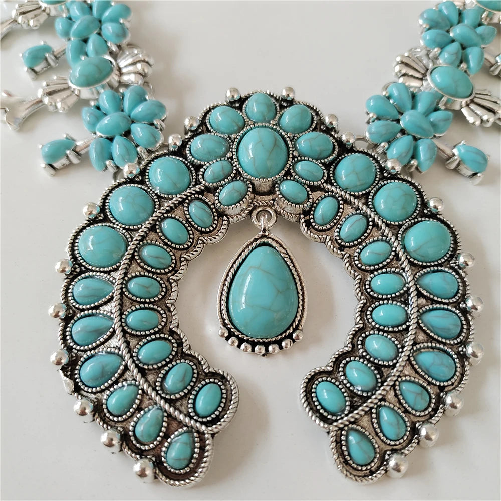 Parure Collier & Boucles Boho Ethnique Turquoise Résine – Pendentif Statement Baroque Retro | Style Indien Vintage | Bijou Femme Tendance 2026