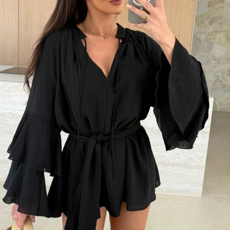 Robe Mini À Volants Col V Profond & Lacets - Manches Évasées Casual Vacances Printemps Été