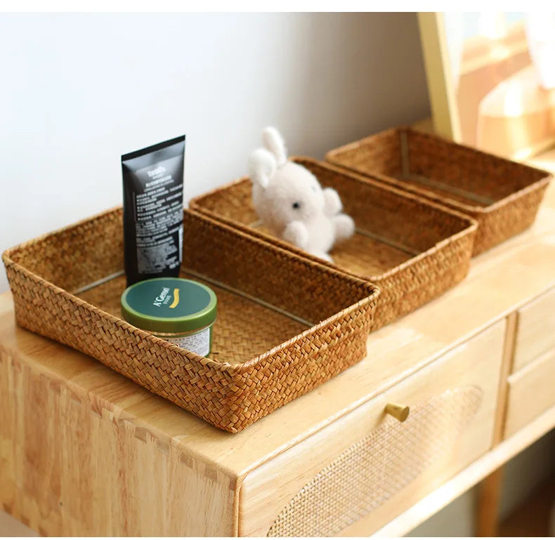 Panier Tressé Algues Rangement Bureau & Salon – Skincare, Télécommande, Clés & Cosmétiques | Déco Naturelle