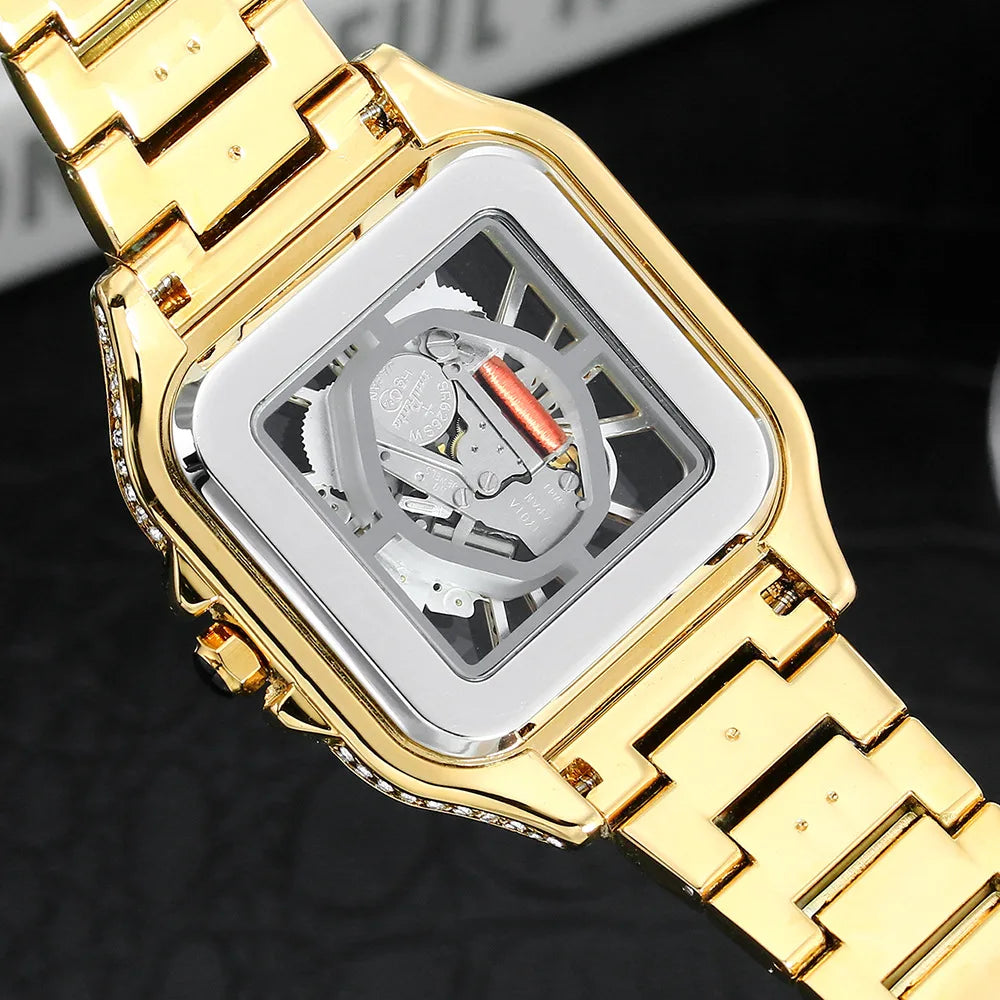 Montre Quartz Transparente Rhinestone Luxe Homme – Cadran Carré Skeleton 35mm Automatique
