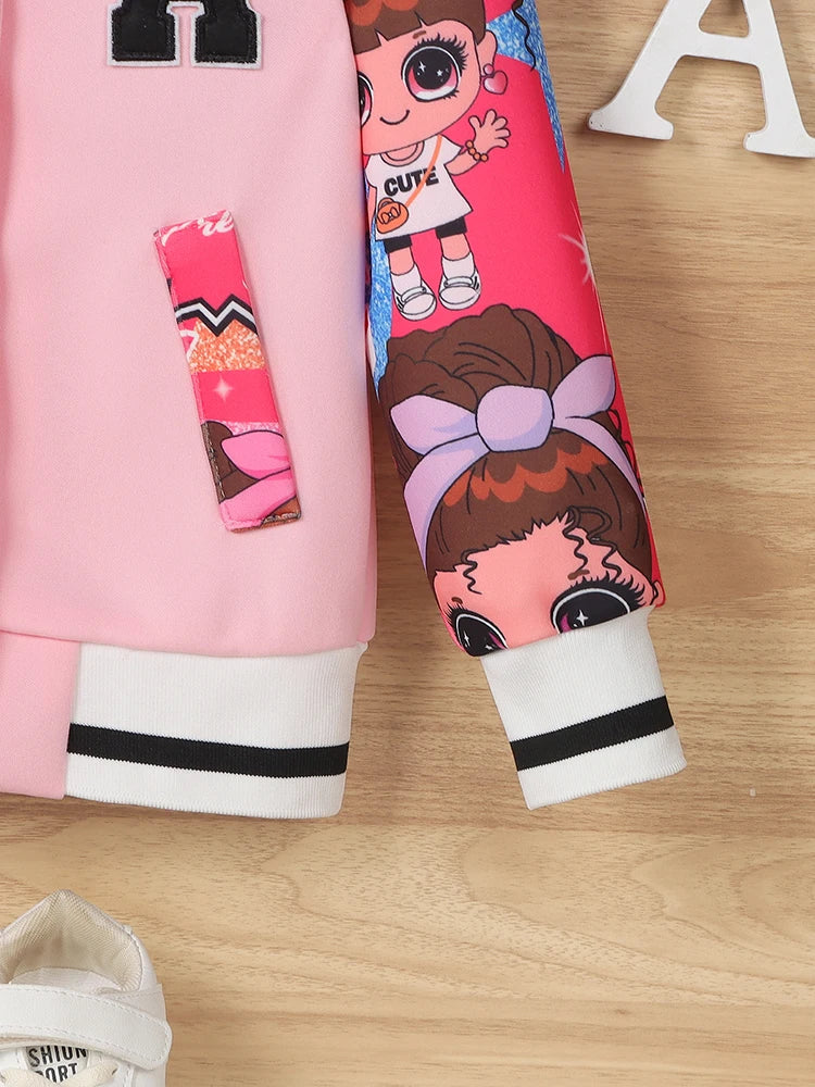 Veste Baseball Fille Imprimé Poupée Cartoon Lettre A – Blouson Casual Printemps Automne Enfant