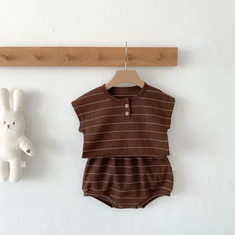 Ensemble 2 Pièces Bébé T-Shirt + Short Rayures Style Sportswear – Tenue Été Garçon Fille Douce