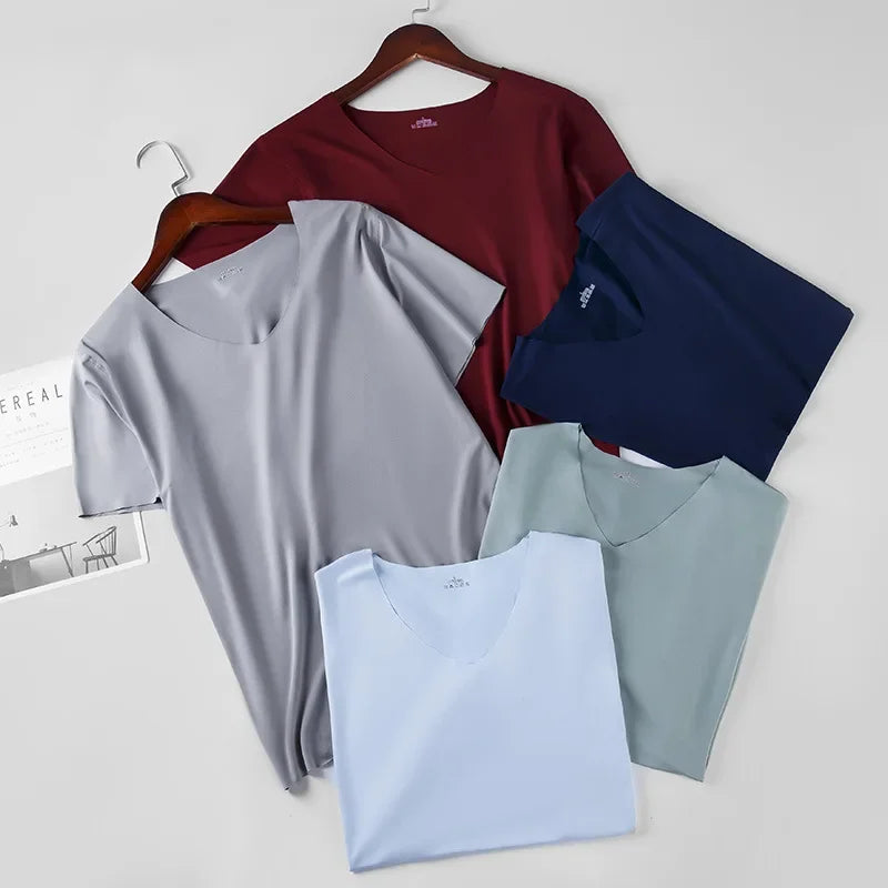 T-Shirt Sous-Vêtement Homme Soie de Glace Col V Sans Couture Slim Respirant Léger Grande Taille – Maillot de Corps Fin Confortable | Mode Homme Essentiel
