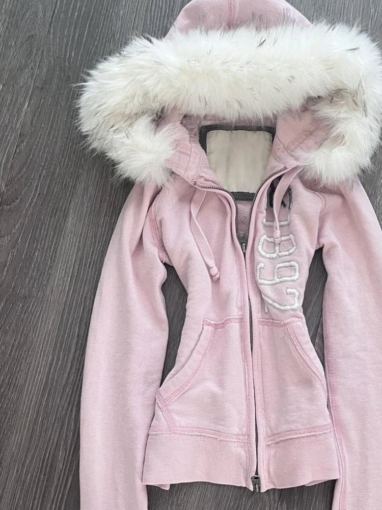 Sweat à Capuche Femme Fourrure Synthétique Rose Vintage Américain Y2K Harajuku Col Fausse Fourrure Slim Centuré – Veste Tendance Hot Girl | Mode