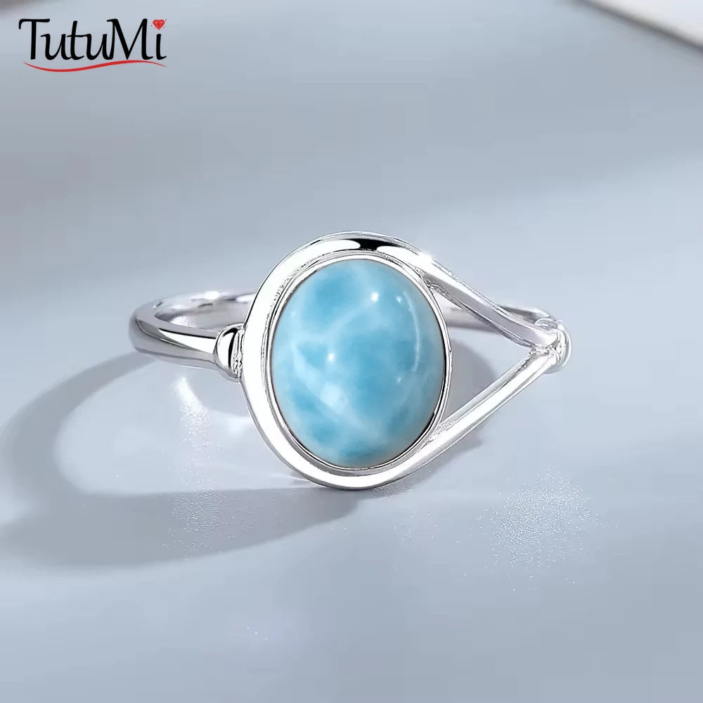 Bague Argent 925 Pierre Larimar Naturelle Vintage – Forme Fleur Ronde Bleu Ciel & Eau de Mer | Bijou Fin Unisexe Pierre Rare des Caraïbes & Cadeau Premium