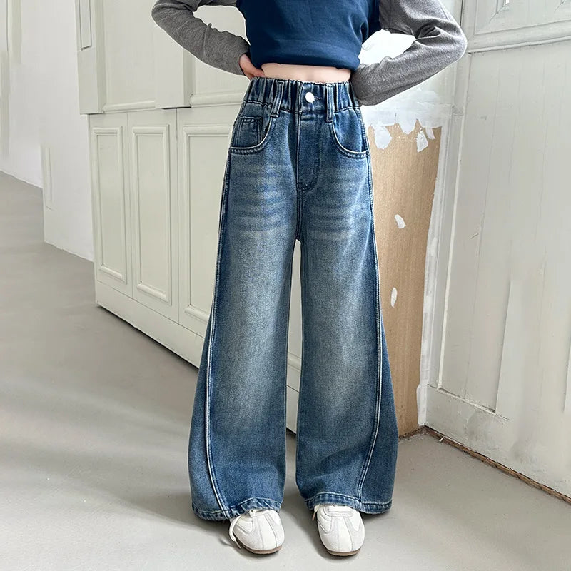 Jean Large Fille Taille Haute Bleu Foncé – Pantalon Denim Jambe Large Retroussable Enfant 4-14 Ans