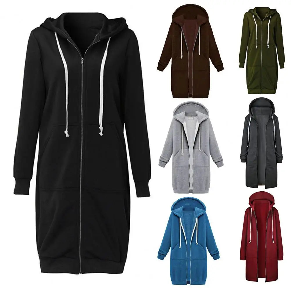 Veste Sweat Femme Polaire À Capuche Longue Zip Manches Longues Ample – Chaud & Confortable | Automne Hiver