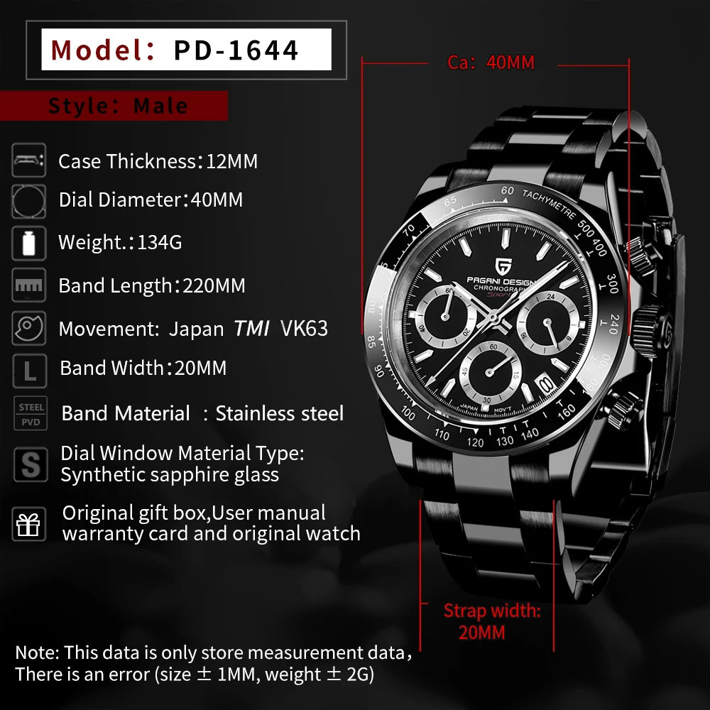 Montre Homme PAGANI DESIGN 2023 Noire Quartz Luxe – Chronographe Sport Étanche Lumineux