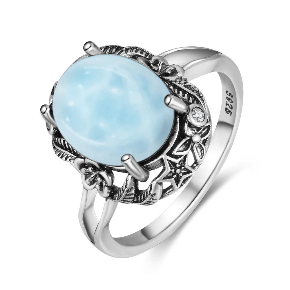 Bague Argent 925 Pierre Larimar Naturelle Vintage – Forme Fleur Ronde Bleu Ciel & Eau de Mer | Bijou Fin Unisexe Pierre Rare des Caraïbes & Cadeau Premium
