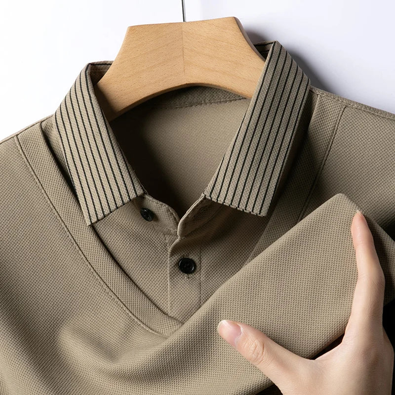 Polo Homme Manches Longues Faux Deux Pièces Couleur Unie – Business Casual Élégant Toutes Saisons Polyvalent | Mode Homme Premium