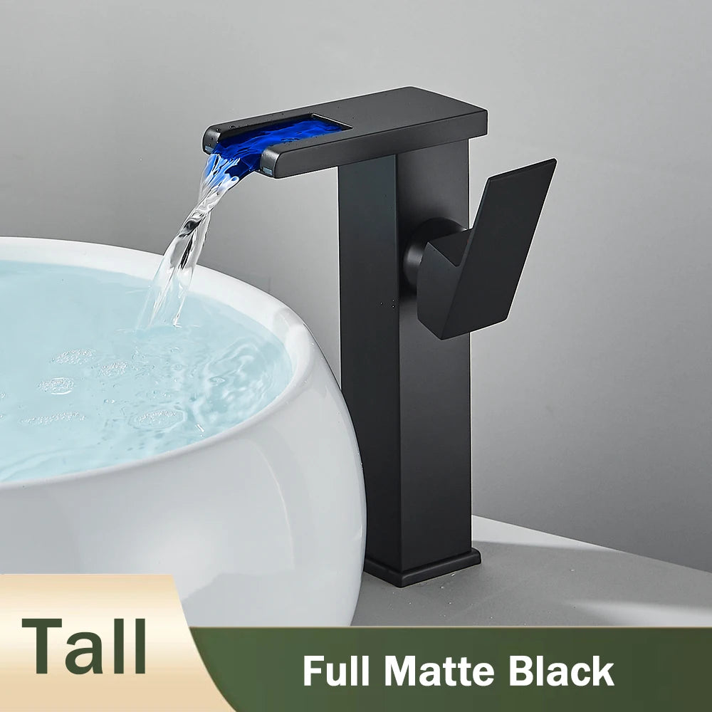 Rozin Robinet Lavabo Noir LED Cascade Hydroélectrique – Mitigeur Eau Chaude & Froide, Lumière LED Automatique | Vasque Design