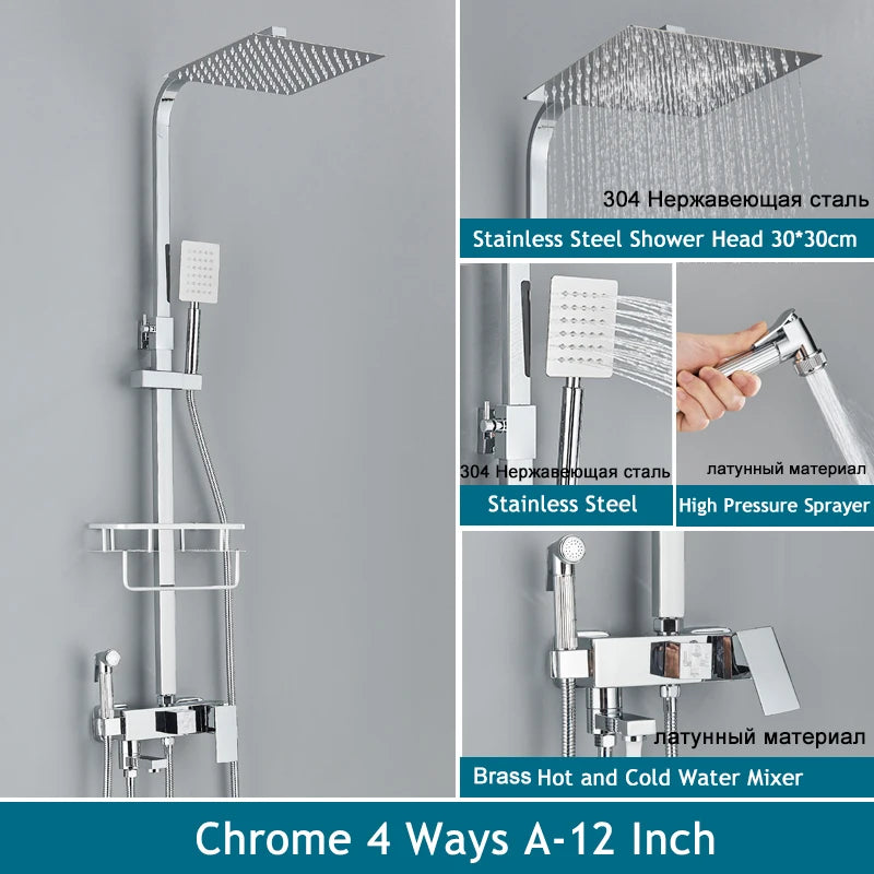 Shinesia Système Douche Pluie Mural – Noir & Chrome, 3 ou 4 Voies, Mitigeur Eau Chaude & Froide | Salle de Bain