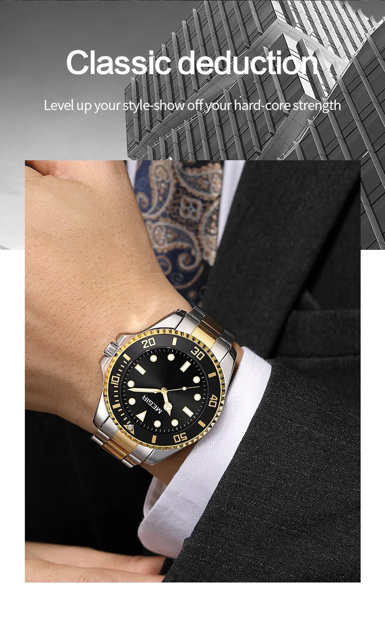 Montre Homme Luxe MEGIR Quartz Acier Calendrier – Classique Étanche Fashion