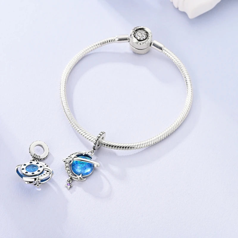 Charm Argent 925 Bleu Rotatif – Œil Démon, Main, Lune & Ciel Étoilé | Perle Pendentif Bracelet Femme | Bijou Spirituel & Mystique