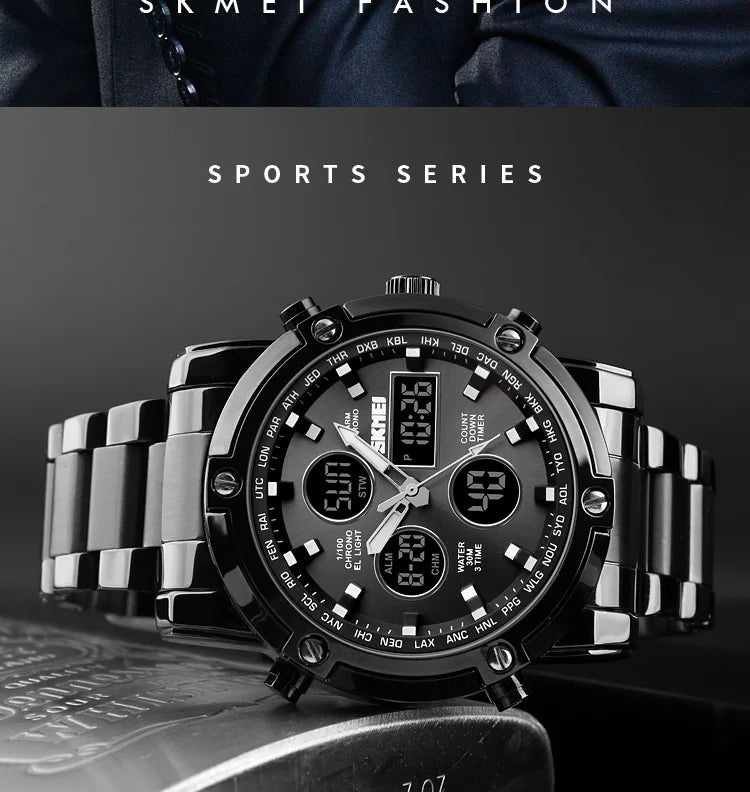 Montre Homme SKMEI Luxe Bracelet Acier 3 Fuseaux Horaires LED Sport Alarme Analogique Digitale Chronomètre | Montre SKMEI Multifonction Sport Luxe Premium
