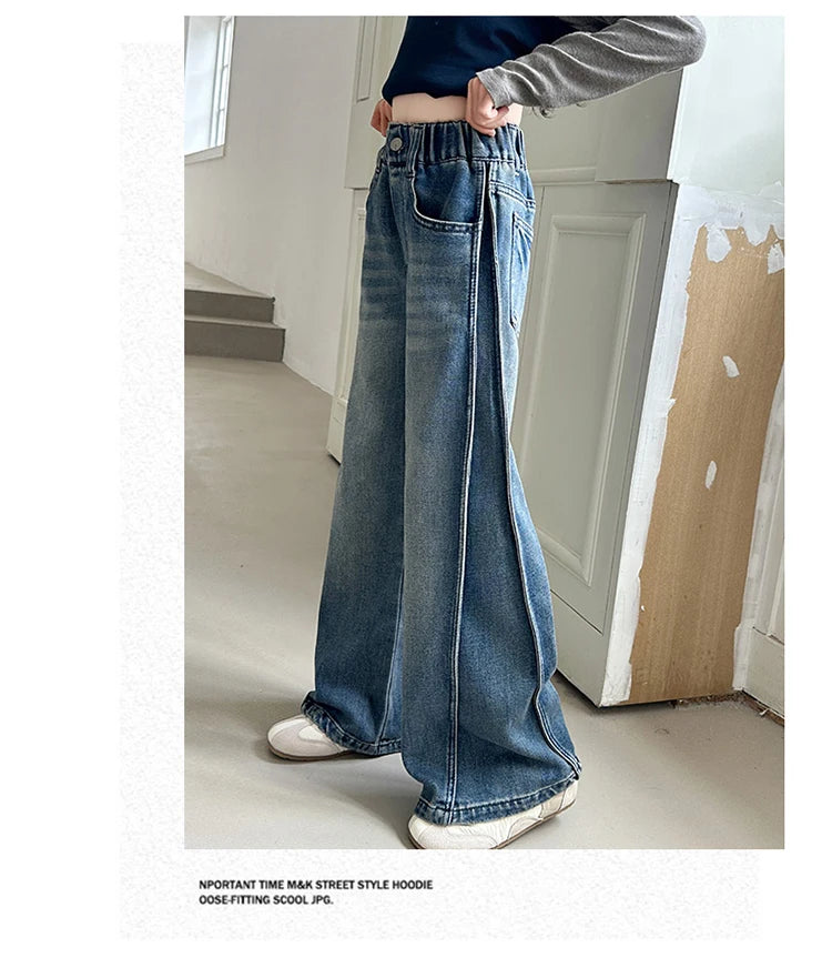 Jean Large Fille Taille Haute Bleu Foncé – Pantalon Denim Jambe Large Retroussable Enfant 4-14 Ans
