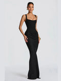 Robe Maxi Femme Velours Noir Transparente Mesh Épaules Dénudées Taille Cinée Slim – Soirée & Club | 2026
