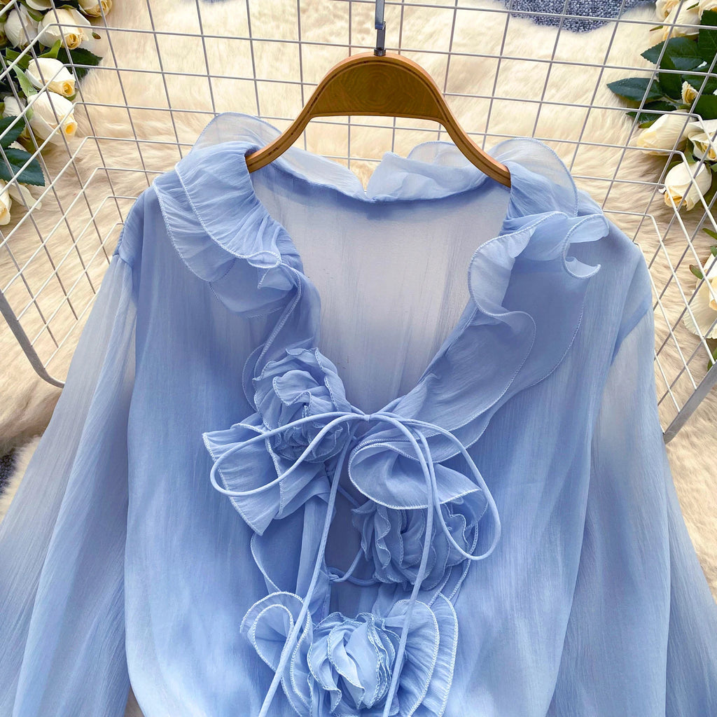 Robe Courte Femme Fleurs 3D Manches Longues Laçage Volants Mousseline – Vintage Bohème Sexy | Plage Été