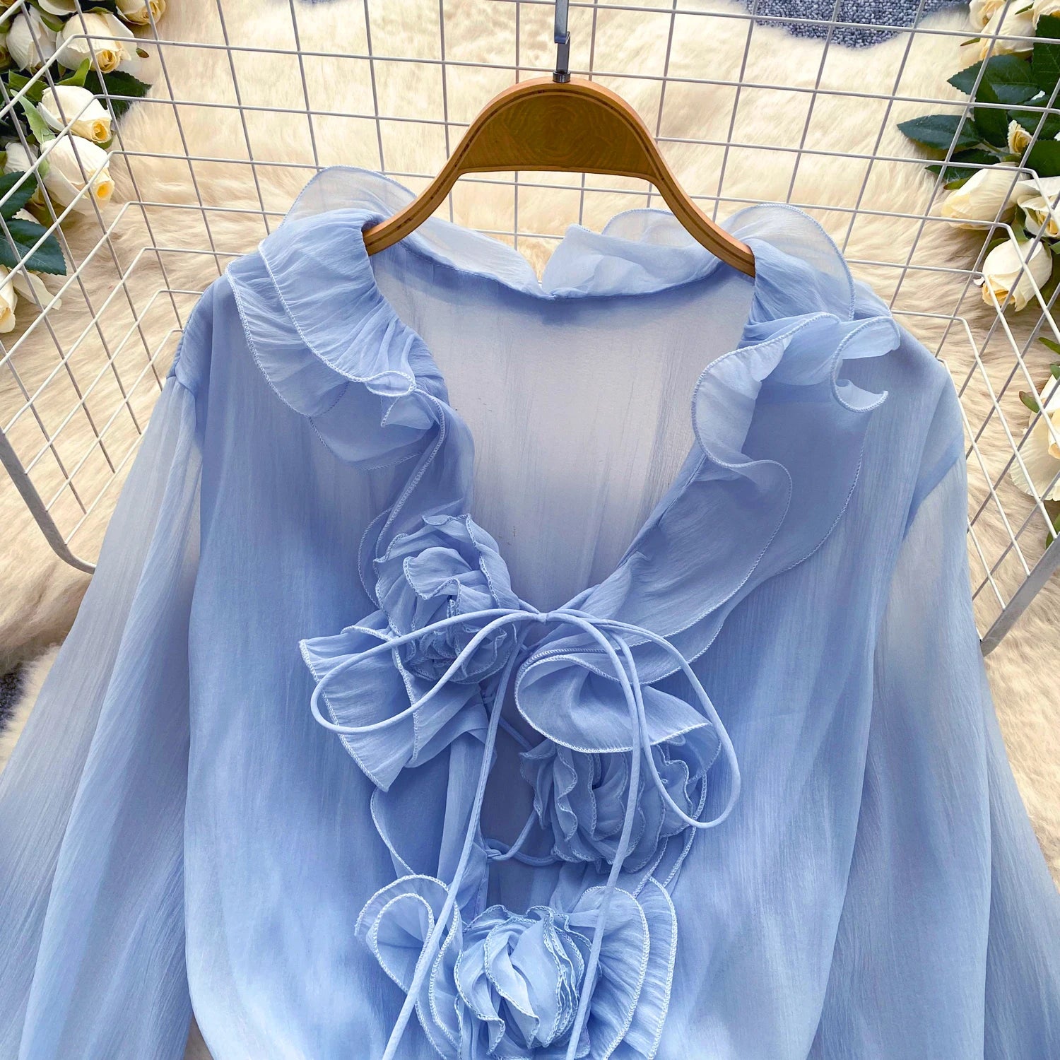 Robe Courte Femme Fleurs 3D Manches Longues Laçage Volants Mousseline – Vintage Bohème Sexy | Plage Été