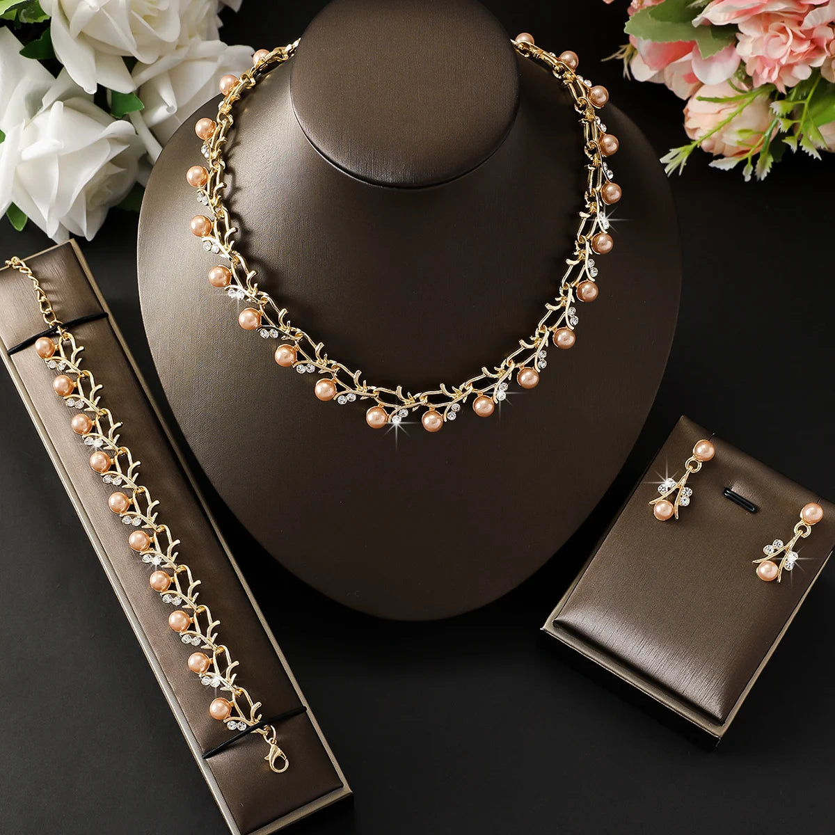 Parure Bijoux Mariage 4 Pièces Perles Strass — Collier Boucles Bracelet Mariée