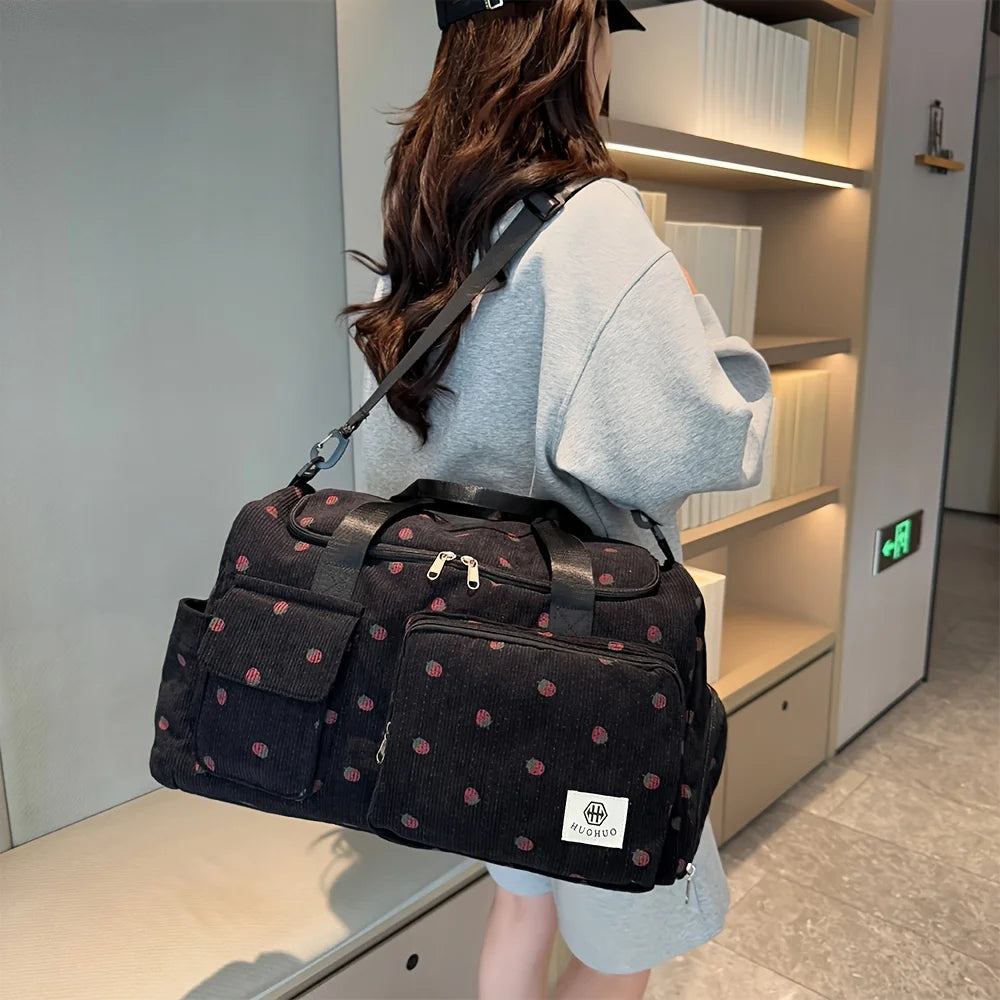 Sac de Voyage Fraise Velours Côtelé – Grande Capacité Bandoulière Léger Sport Fitness Bagage