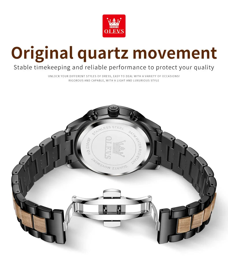 Montre Homme OLEVS Luxe Quartz – Bracelet Acier & Bois Santal Rouge Lumineux Étanche Calendrier