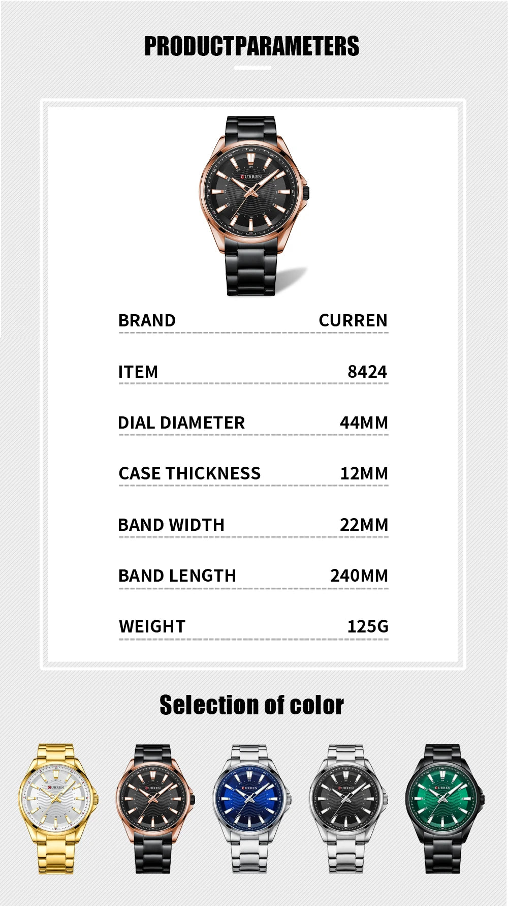 Montre Homme CURREN Business Casual Quartz 44mm – Acier Noir Lumineux Étanche Fashion