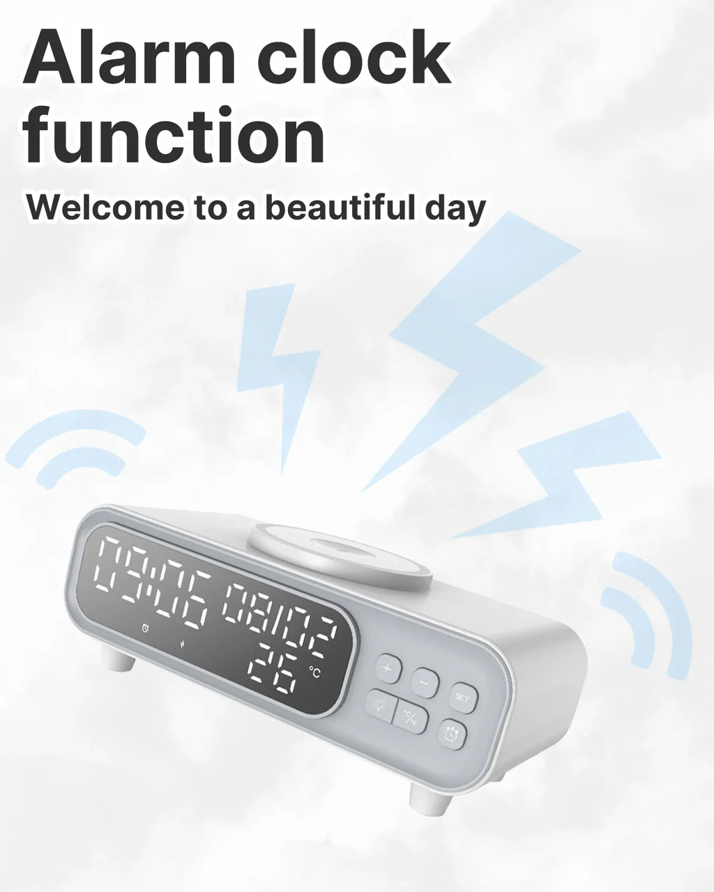 Chargeur Sans Fil 15W Horloge Alarme LED – Thermomètre Veilleuse Dock iPhone Écouteurs