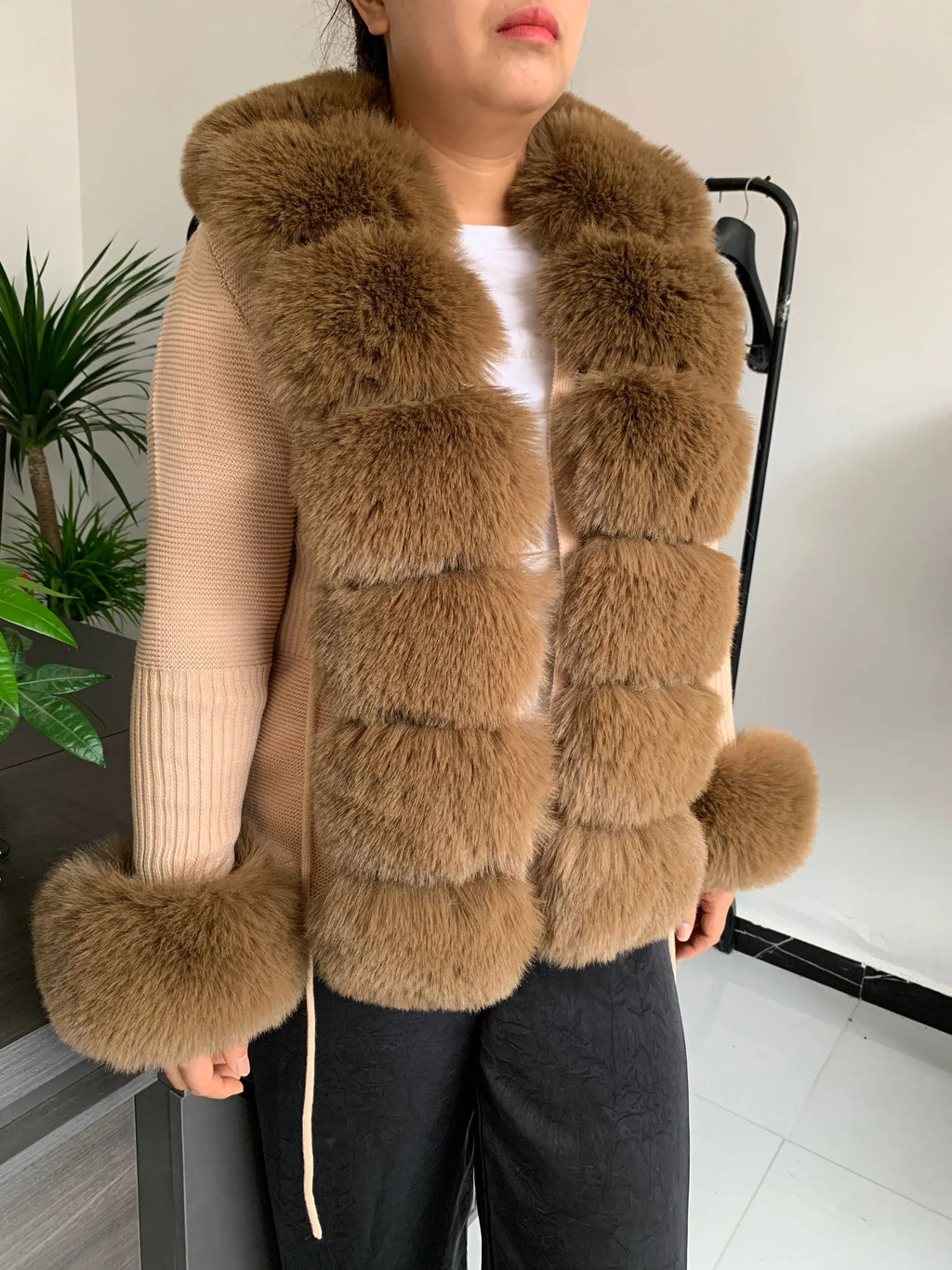Damen Cardigan Strick Kragen Kunstpelz Fuchs Elegant – Chic & Luxuriöser Pullover Mantel | Frühling Herbst