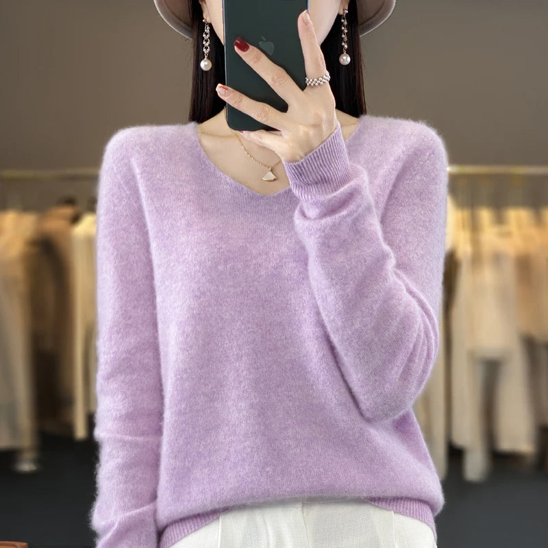 Pull Cachemire 100% Laine Col V Femme - Tricot Casual Korean Fashion Automne Hiver