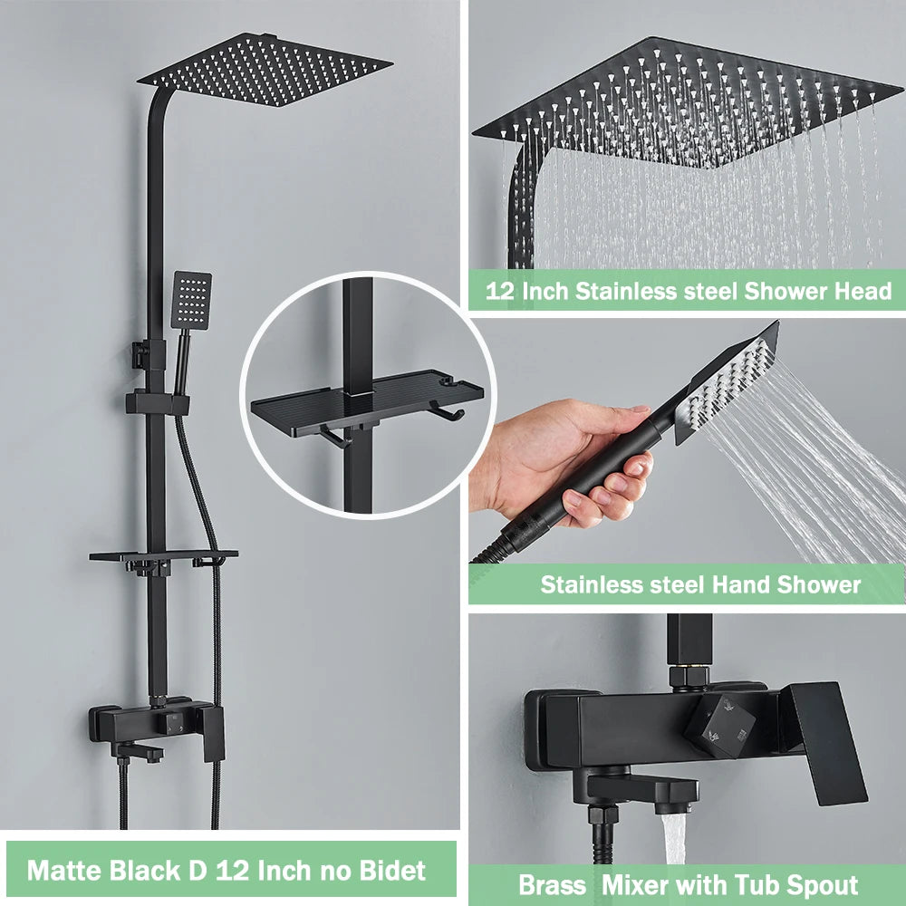 Rozin Ensemble Douche Pluie Mural Noir – Avec Bidet, Étagère & Bec Baignoire | Système Complet Laiton
