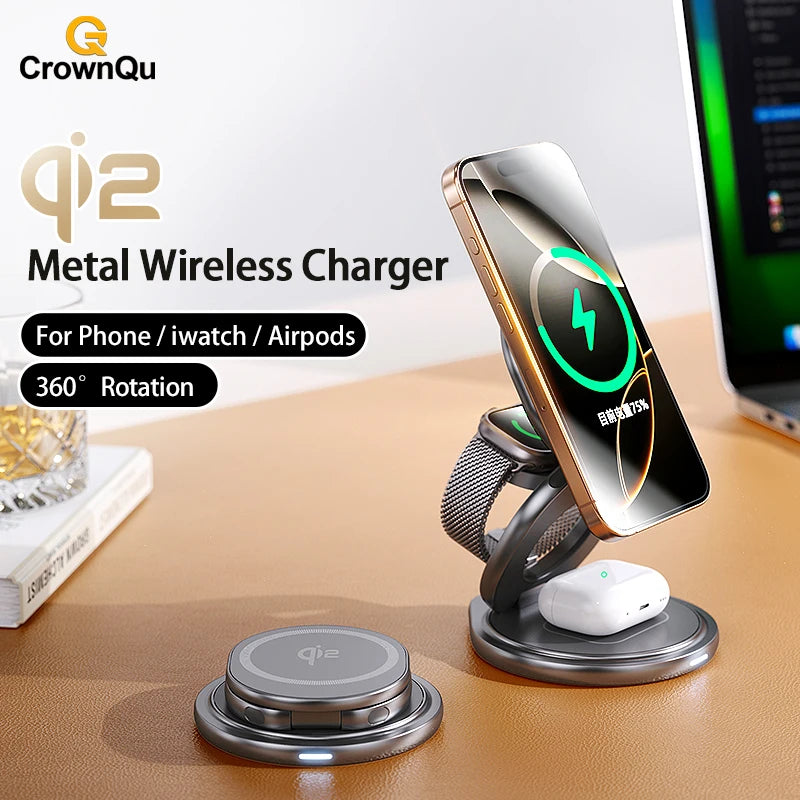 Chargeur Qi2 15W 360° Rotatif Pliable – iPhone 12-17 Pro Max Apple Watch AirPods