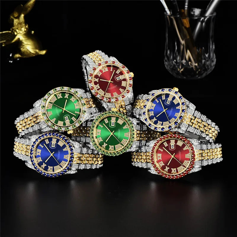 Montre Homme Hip Hop Diamant Fashion Bracelet Alliage Dorée Luxe Date Quartz Tendance Streetwear Bling | Montre Hip Hop Diamant Dorée Premium