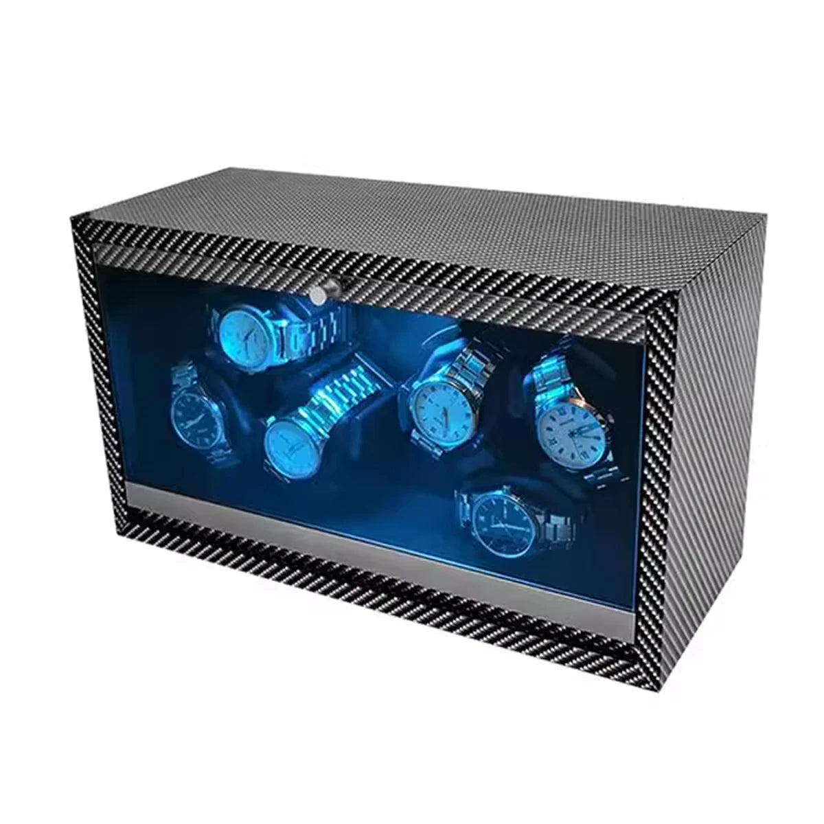 Remontoir Montre Automatique 1/2/4/6 Slots Boîte Bois Moteur Silencieux LED Bleue Vitrine Bijoux Premium | Remontoir Montre Automatique Bois LED Premium
