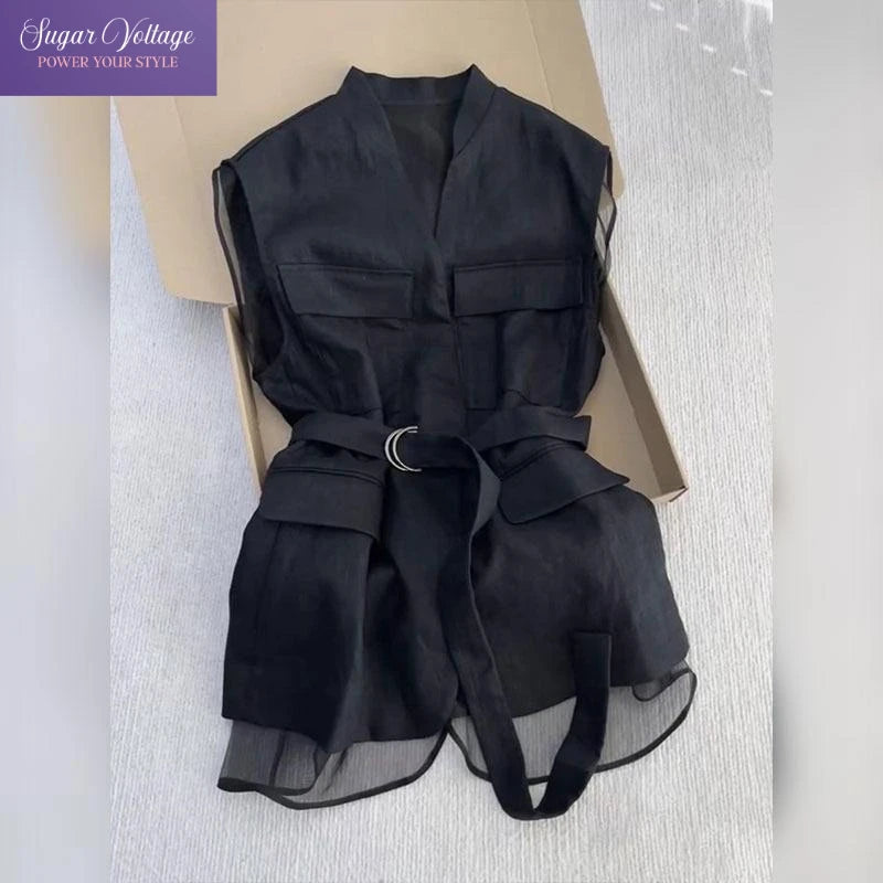 Top Gilet Femme Noir Sans Manches Col V Slim Mesh Patchwork Style Coréen – Chemise Élégante Bureau Casual Été | Mode