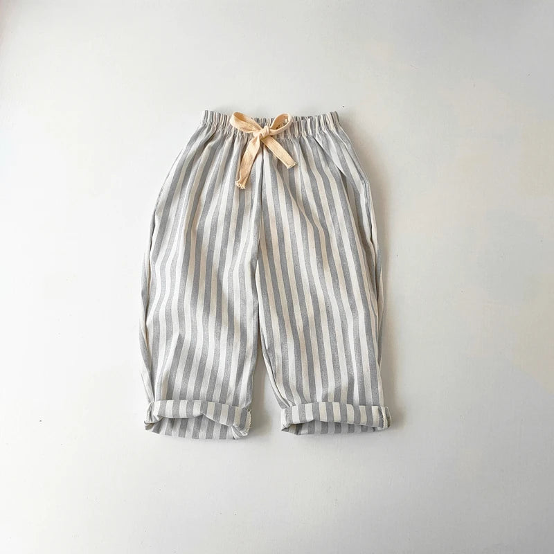 Short Lin Coton Enfant Rayures – Pantalon Court Casual Vintage Ample Garçon Fille Été