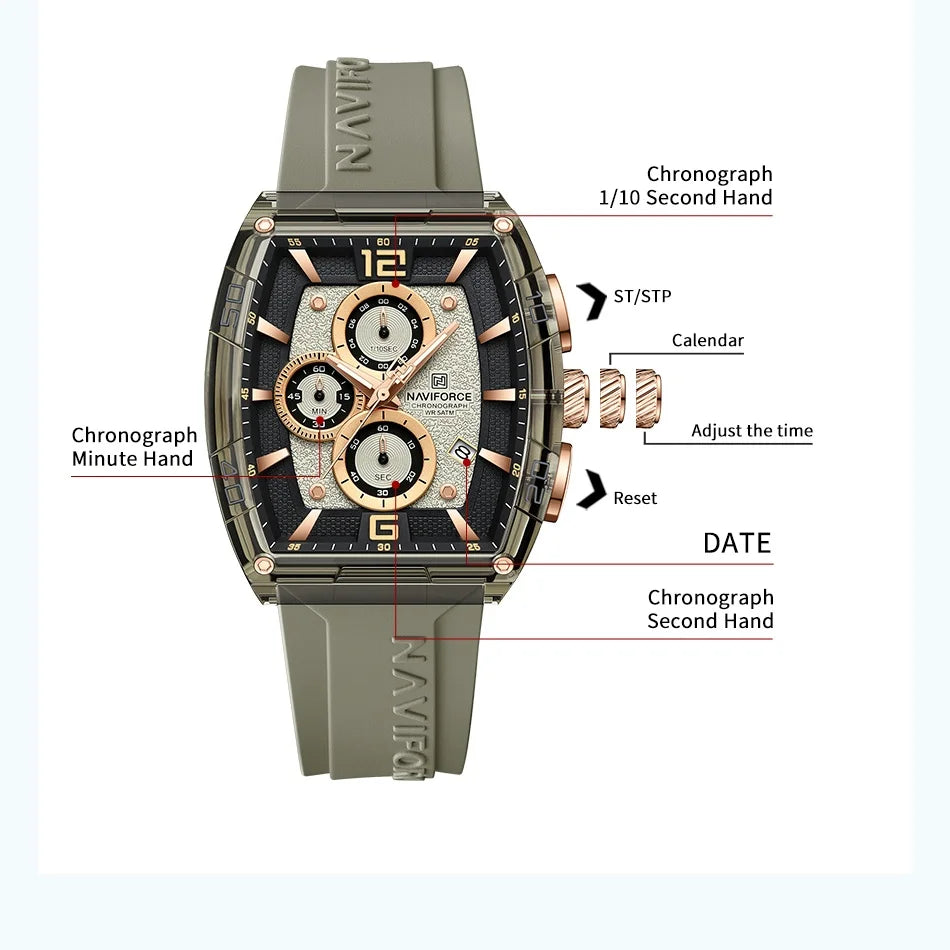 Montre Homme NAVIFORCE Luxe Sport Étanche Bracelet Silicone Quartz Lumineux Chronographe Coffret Cadeau Inclus | Montre NAVIFORCE Chronographe Sport Luxe Premium