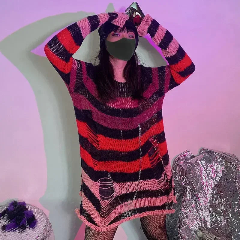 Gothic Damen Strickpullover Lila Streifen Zerrissen Ausgefranst – Fairy Grunge Lolita Emo Streetwear Stil