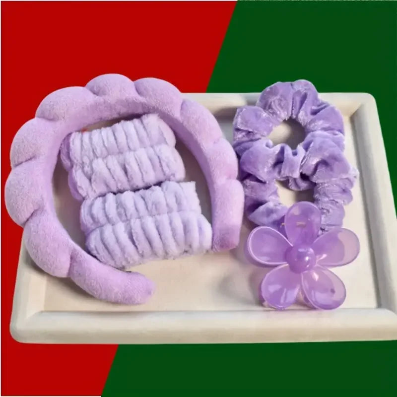 Set Spa 6 Pièces Velours - Bandeau, Pince & Bracelets Soin Visage & Maquillage
