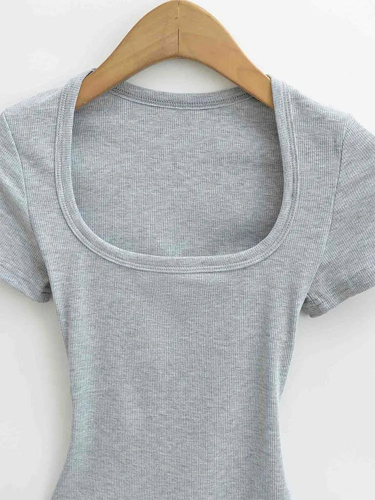 Crop Top Femme Col Carré Slim Stretch Manches Courtes Sexy – T-Shirt Court Élastique Casual Été | Mode