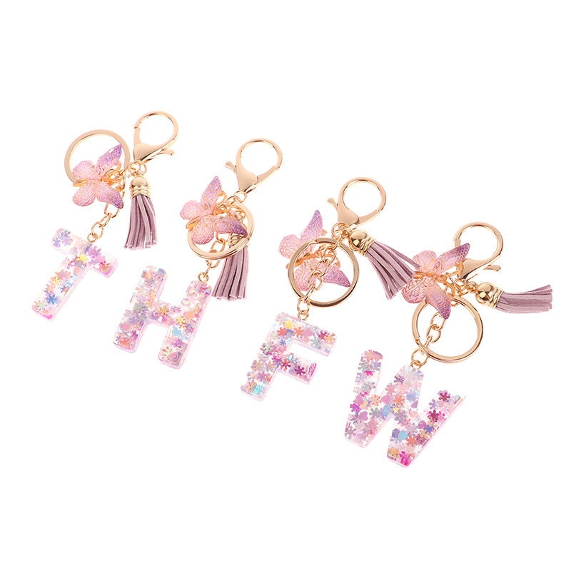 Porte-Clés Lettre Initiale Sequins Femme – Pendentif Papillon Pompon Sac Voiture Bijou